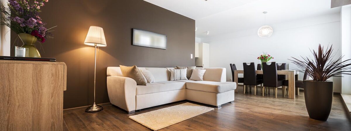 Modern living room with kitchen